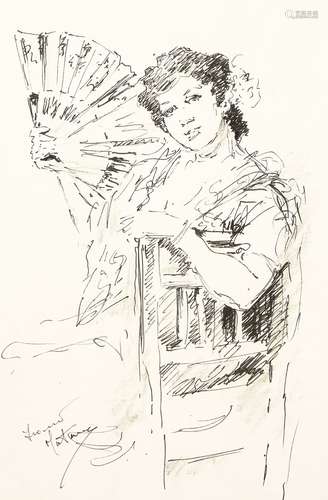 Franco Matania, British 1922-2006- Young Woman with Fan; black felt tipped pen over pencil,