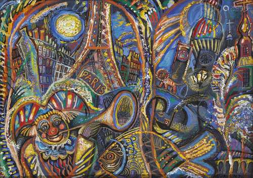 Valentin Blinov, Russian b.1944- La fête à Paris, 2000; mixed media on card, signed and dated '2000'