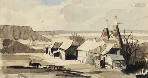 Rowland Hilder OBE, British 1905-1993- The North Downs, Kent; watercolour and pen, signed, 17.5x32.