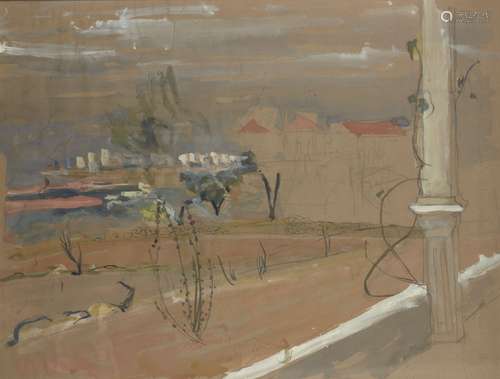 Ruth Atkinson, British b.1904- Coastal view in Beirut; pencil, watercolour and gouache on buff