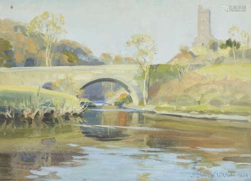 James P Barraclough, British 1891-1942- River landscape with a stone bridge; oil on canvas laid down