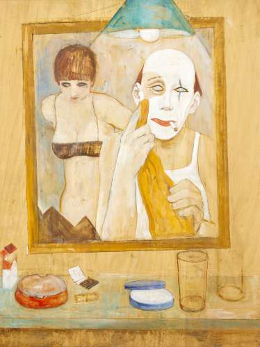 Alex Portner, British 1920-1982, Self portrait of artist as a clown; oil on panel, 85 x 64 cm, (