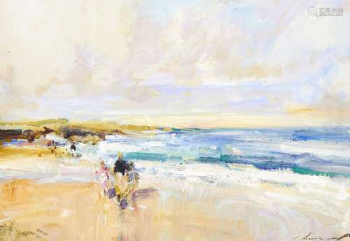 Ken Moroney, British b.1949- Figures walking beside the shoreline; oil on board, signed, 35 x 50.2cm