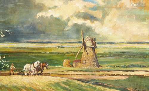 Ken Moroney, British b.1949- Horses ploughing near a windmill; oil on board, signed, 30.5 x 49cm (