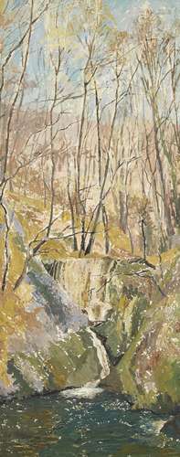 Kenneth Ambrose Jameson RCamA, British 1913-1996- Forest scene with river; oil on board,