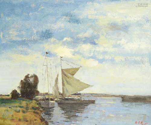 British School, early 21st century- Barges on an estuary; oil on canvas, signed with initials ASB