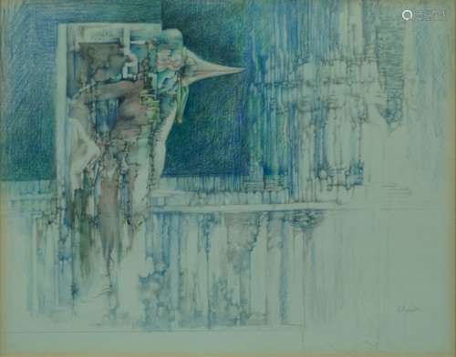 Gary Peter Slipper, Canadian b.1934- Metaphysical study; watercolour, pencil and coloured pencil