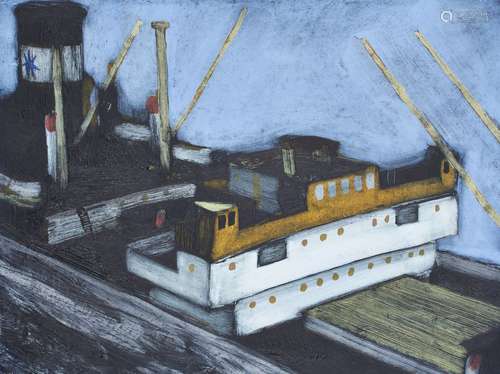 Nick Bowering, British b.1965- Cargo Ship (Nocturne); oil on board, signed with initials and dated