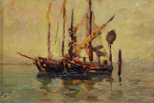 South African School, early/mid 20th century-Fishing boats on the lagoon, Venice; oil on board, 19.5