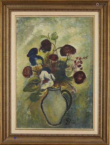 Style of Pranas Domsaitis- Still life of flowers with a jug; oil on board, bears initials 72x49.