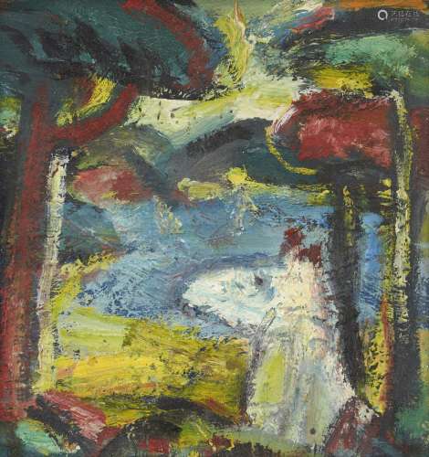 Christie Cameron, British b.1944- Landscape with a horse; oil on board, 22x22cm: together with