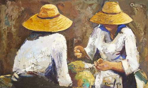 Teofil Galan Ulla, Spanish b.1935- Two figures; oil on canvas, signed, 65x108cm (ARR)Please refer to