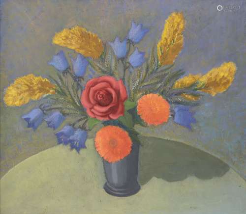Christopher Gage Jacobs, British 1907-2004- Flowers arranged by Joan; oil on board, signed and
