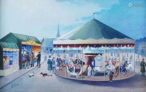 Jean Lucas, French School, 1874-1941- Fete Foraine; gouache on board, signed, 28x45cm (ARR)