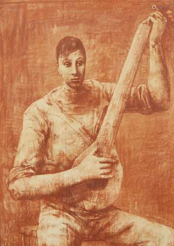 Luciano Miori, Italian 1921-2006- Lute player; red chalk and black pen, signed, 66x46.5cm (ARR)