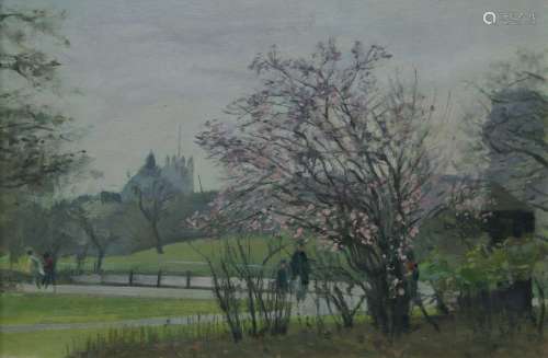 Christopher Miers, British b.1941- January Blossom, St James's Park; oil on board, 23x34cm, (ARR)