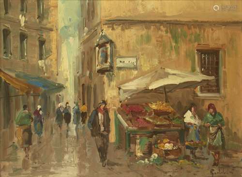 Italian School, mid-late 20th century- Vegetable stall on a street corner; oil on board, signed,