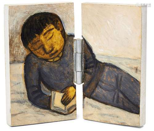 Jiro Osuga, Japanese b.1968- Reading, 2001; acrylic and oil on MDF, 10.6 x 6.2cm & 10.5 x 5.5cm