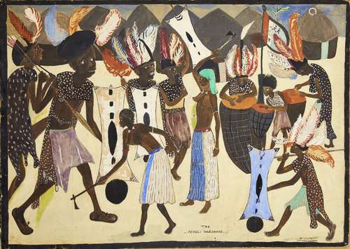 Samuel Gittara, Ugandan, mid-late 20th century- gouache on paper laid on board 'Acholi War Dance'