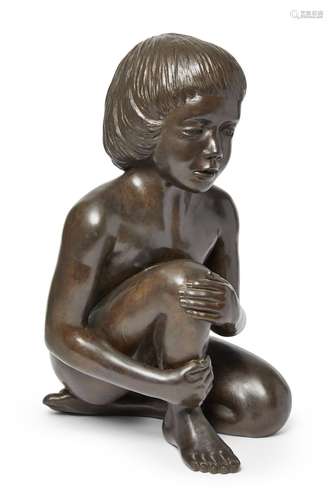 John Robinson, British 1935-2007- Sarah, figure of a young girl; patinated bronze, signed and