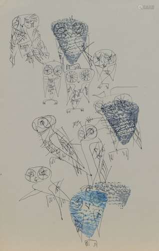 Audrey Skaling, American 1912-2009- Owls, circa 1972; pen and ink and wash on paper, signed verso in