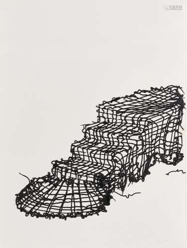 Angel Otero, Puerto Rican b.1981- Macrame Stairs, 2009; mixed media and tar on paper, signed with