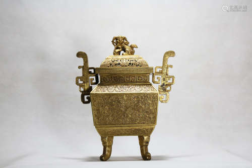 Chinese Qing Dynasty Copper Gold Gilded Incense Burner