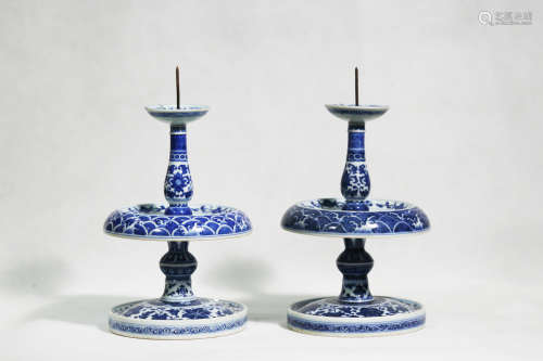 Chinese Pair Of Qing Dynasty Blue And White Porcelain Candlestick