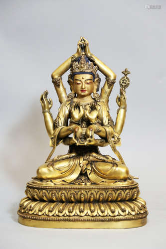 Chinese Copper Gold Gilded Guanyin Statue