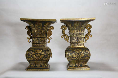 Chinese Pair Of Qing Dynasty Bronze Gold Gilded Bottles