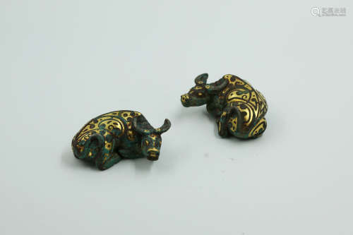 Chinese Bronze Cattle With Silver And Gold Painted