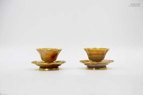 Chinese Pair Of Agate Gold Painted Vessel