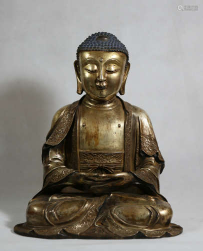 Chinese Ming Dynasty Copper Gold Gilded Sakyamuni Statue