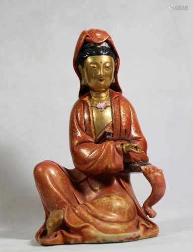 Chinese Qing Dynasty Qianlong Period Coral Red Glaze Gold Painted Guanyin