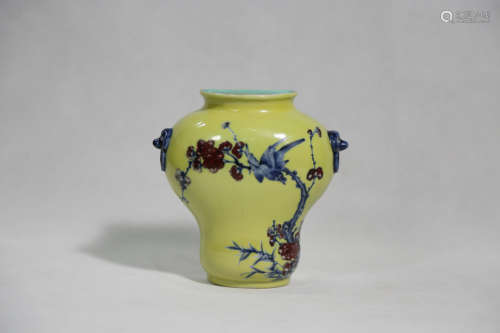 Chinese Qing Dynasty Qianlong Period Yellow Glaze Underglaze Red Porcelain Bottle