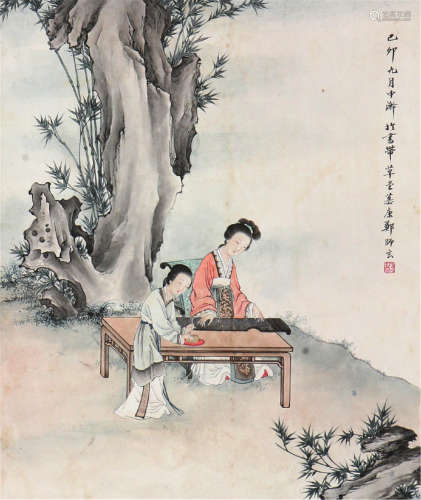 郑慕康(1901-1982)抚琴仕女