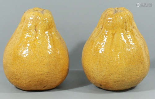 PAIR OF YELLOW GLAZE GRAPEFRUIT SHAPED ORNAMENT