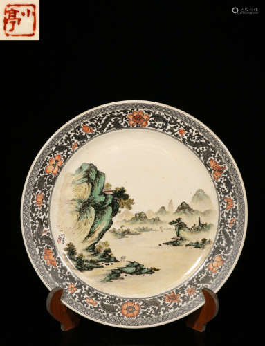 A GLAZE PLATE PAINTED WITH MOUNTAIN VIEW