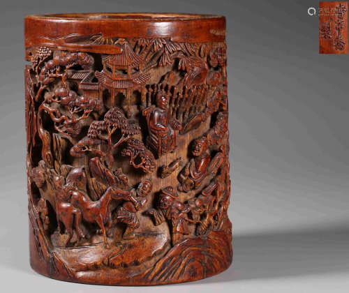 A BAMBOO CARVED BRUSH POT WITH MOUNTAIN VIEW CARVING