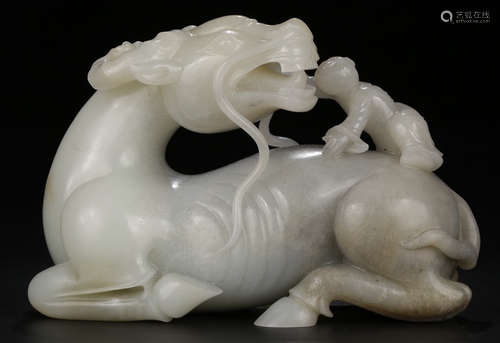 A HETIAN JADE CARVED KID&COW SHAPED ORNAMENT