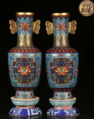 PAIR OF CLOISONNE CAST DOUBLE EAR VASE