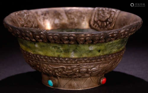 A HETIAN JADE&SILVER BOWL WITH DRAGON PATTERN