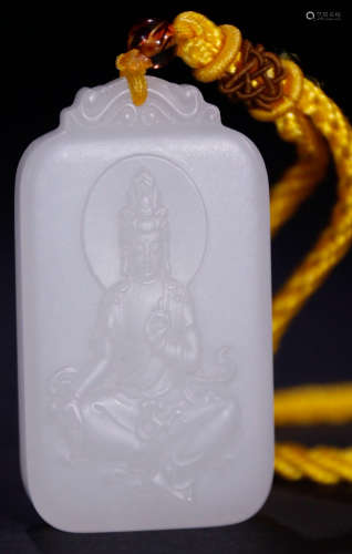 A HETIAN JADE CARVED GUANYIN PATTERN TABLET