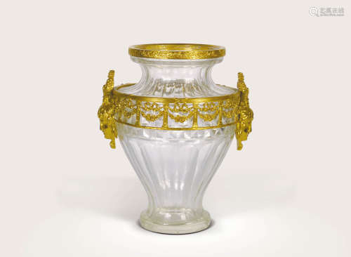 19世紀  新古典主義風格銅鎏金人面水晶花瓶