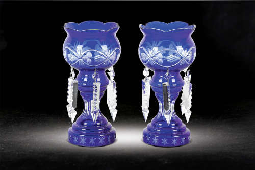 19世紀  維多利亞風格鈷藍花飾玻璃盃一對