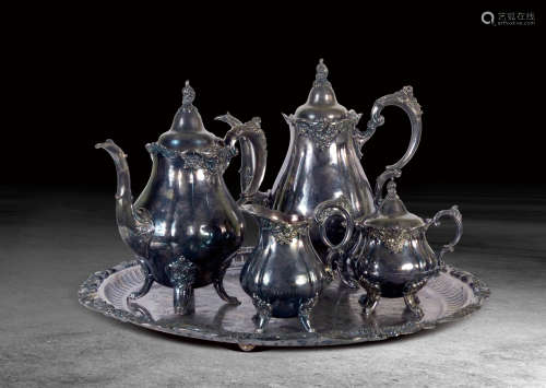 19世紀  巴洛克鍍銀茶具一組四件連盤