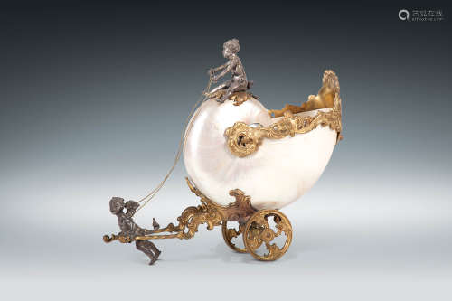 19世紀  銅鎏金天使飾鸚鵡螺車擺飾