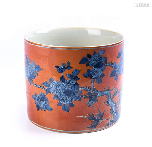 CORAL-GROUND BLUE BIRD PORCELAIN BRUSH POT