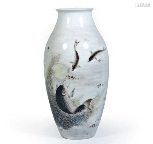 GLAZED PORCELAIN FISH AND CALLIGRAPHY VASE WITH MARK