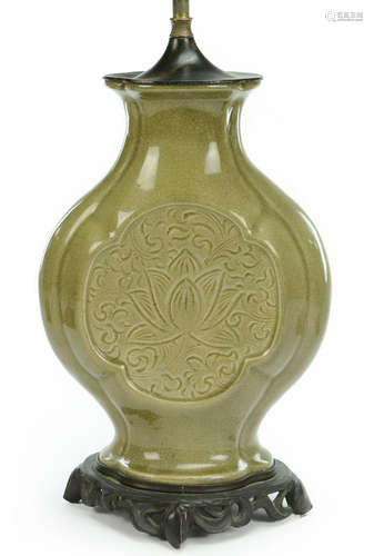 19TH C. CELADON GLAZED PORCELAIN FLASK VASE LAMP